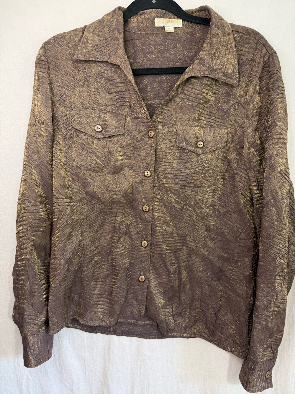 Erin London Women's Brown Metallic Brown and Gold Button-Front Blouse M
